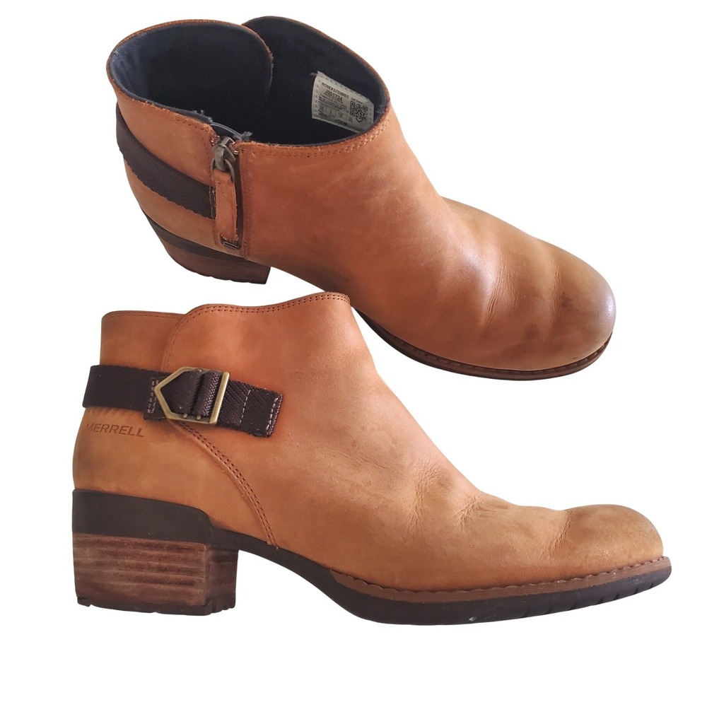Merrell Shiloh Bluff Brown Leather Ankle‎ Boots Buckle Strap Comfort Womens 8.5